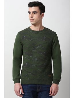 Peter England - Men Green Print Crew Neck Sweatshirt