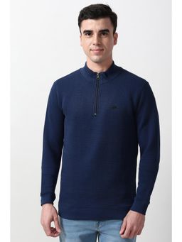 Peter England - Men Navy Blue Textured High Neck Sweatshirt