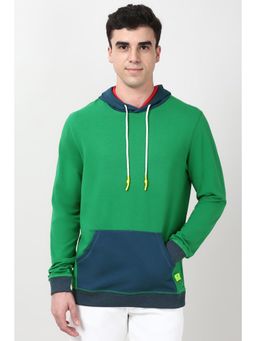 Peter England - Men Green Colorblock Hooded Neck Hoodie
