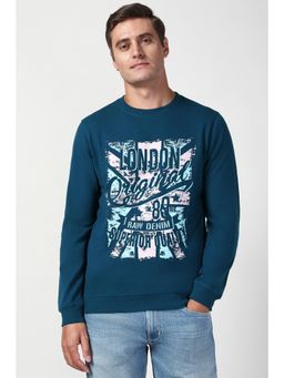 Peter England - Men Teal Graphic Print Crew Neck Sweatshirt