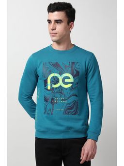 Peter England - Men Teal Graphic Print Crew Neck Sweatshirt