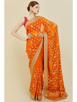 Soch - Women Mustard Georgette Embroidered Saree with Unstitched Blouse