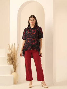 First Resort by Ramola Bachchan - Red Maa Print Pleated Collar Neck Co-Ord (Set of 2)