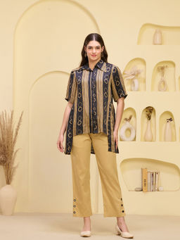 First Resort by Ramola Bachchan - Beige Powerful Stripe Print Pleated Co-Ord (Set of 2)