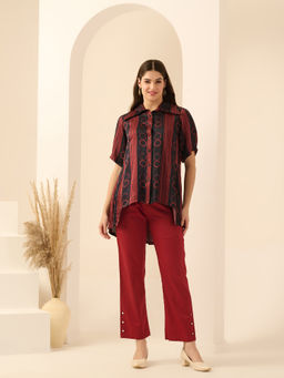 First Resort by Ramola Bachchan - Red Powerful Stripe Print Pleated Co-Ord (Set of 2)