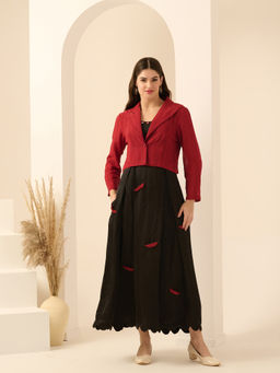 First Resort by Ramola Bachchan - Black & Red Boat Applique Dress & Blazer (Set of 2)