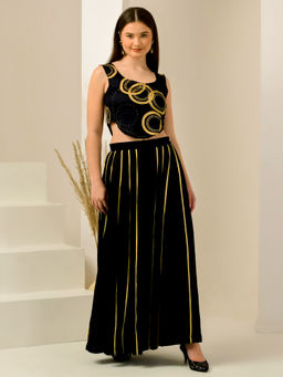 First Resort by Ramola Bachchan - Beige Embellished Crop Top and Palazzo (Set of 2)