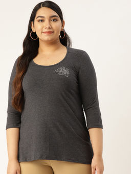 theRebelinme - Plus Size Womens Dark Grey Solid Color Round Neck Cotton 3/4th Sleeve T-Shirt