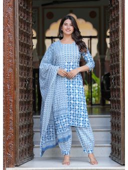 Jaipuri Collection - Women Blue Printed Kurta with Pant and Dupatta (Set of 3)