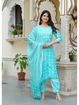 Jaipuri Collection - Women Turquoise Printed Kurta with Pant and Dupatta (Set of 3)