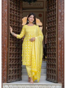 Jaipuri Collection - Women Mustard Printed Kurta with Pant and Dupatta (Set of 3)