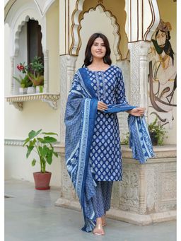 Jaipuri Collection - Women Indigo Printed Kurta with Pant and Dupatta (Set of 3)