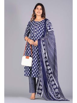 Jaipuri Collection - Women Navy Blue Printed Kurta with Pant and Dupatta (Set of 3)