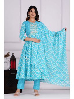 Jaipuri Collection - Women Turquoise Printed Kurta with Pant and Dupatta (Set of 3)