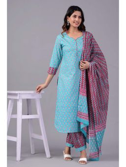 Jaipuri Collection - Women Turquoise Printed Kurta with Pant and Dupatta (Set of 3)
