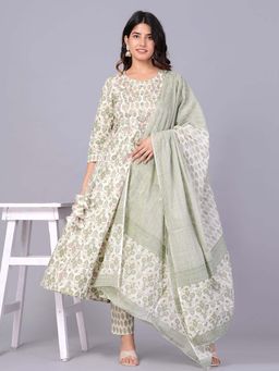 Jaipuri Collection - Women Green Printed Kurta with Pant and Dupatta (Set of 3)