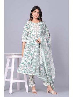 Jaipuri Collection - Women Turquoise Printed Kurta with Pant and Dupatta (Set of 3)