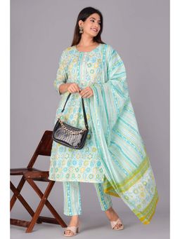 Jaipuri Collection - Women Green Printed Kurta with Pant and Dupatta (Set of 3)