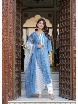 Jaipuri Collection - Women Blue Printed Kurta with Pant and Dupatta (Set of 3)