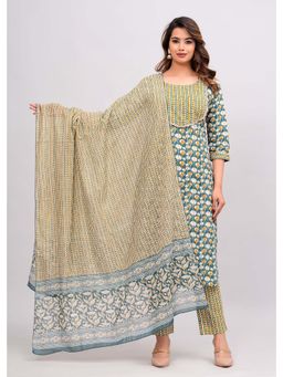 Jaipuri Collection - Women Green Printed Kurta with Pant and Dupatta (Set of 3)