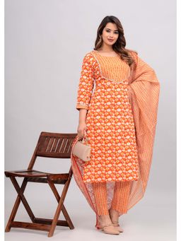 Jaipuri Collection - Women Orange Printed Kurta with Pant and Dupatta (Set of 3)