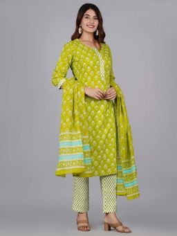 Jaipuri Collection - Women Green Printed Kurta with Pant and Dupatta (Set of 3)
