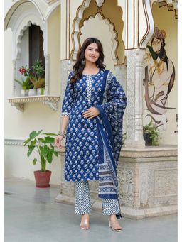 Jaipuri Collection - Women Indigo Printed Kurta with Pant and Dupatta (Set of 3)