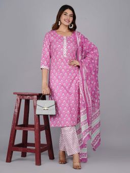 Jaipuri Collection - Women Pink Printed Kurta with Pant and Dupatta (Set of 3)