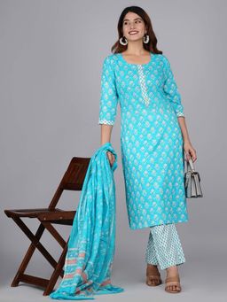 Jaipuri Collection - Women Turquoise Printed Kurta with Pant and Dupatta (Set of 3)