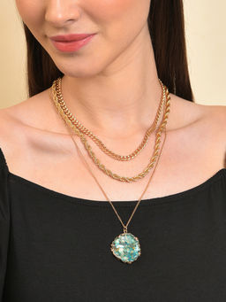 Sohi - Gold Plated Green Stones Pendant with 3 Layer Chain