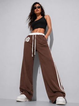 MIXT by Nykaa Fashion - Womens Patch Detail Brown Wide Leg High Rise Trouser