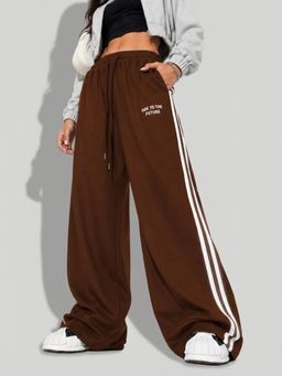 MIXT by Nykaa Fashion - Womens Side Stripes Brown Wide Leg High Rise Trouser