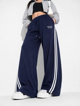 MIXT by Nykaa Fashion - Womens Side Stripes Navy Blue Wide Leg High Rise Trouser