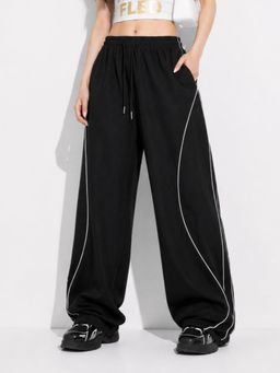 MIXT by Nykaa Fashion - Womens Piping Black Wide Leg High Rise Trouser