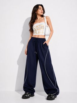 MIXT by Nykaa Fashion - Womens Piping Navy Blue Wide Leg High Rise Trouser