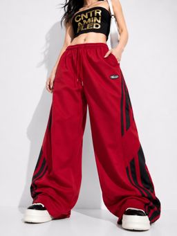 MIXT by Nykaa Fashion - Womens Red Wide Leg Drawstring Panel Detail Trouser
