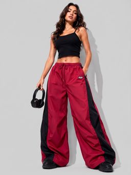 MIXT by Nykaa Fashion - Womens Wine Colorblock Wide Leg Parachute Trouser