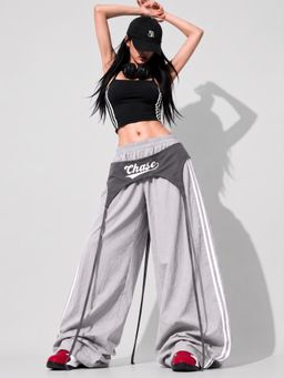 MIXT by Nykaa Fashion - Womens Panel Detail Grey Stripes Wide Leg Parachute Track Trouser