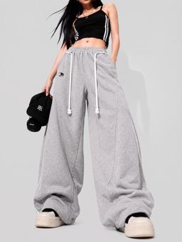 MIXT by Nykaa Fashion - Womens Grey Melange Wide Leg Drawstring Lounge Trouser