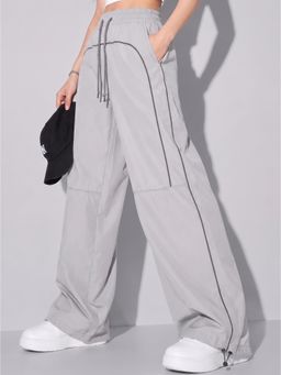 MIXT by Nykaa Fashion - Womens Piping Light Grey Wide Leg Utility Parachute Trouser