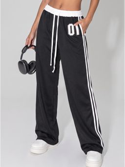 MIXT by Nykaa Fashion - Womens Black Typography Wide Leg Athleisure Track Trouser