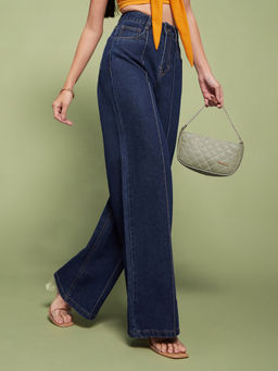 Miss Chase - Womens Dark Blue Wide Leg High Rise Denim Jeans