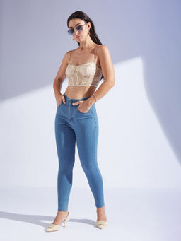 Miss Chase - Womens Blue Skinny High Rise Cropped Denim Jeans