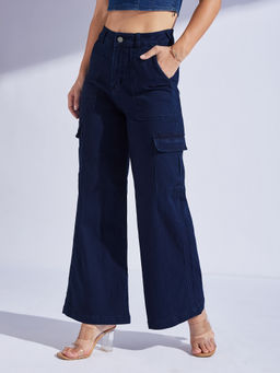 Miss Chase - Womens Navy Blue Wide Leg High Rise Denim Cargo Jeans