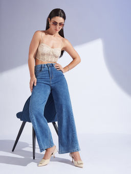 Miss Chase - Womens Mid Blue Wide Leg High Rise Stretchable Denim Jeans