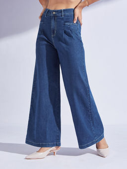 Miss Chase - Womens Mid-Rise Dark Blue Korean Pleated Jeans Denim