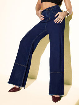 Miss Chase - Womens Navy Blue Wide Leg High Rise Stretchable Denim Jeans