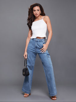 Miss Chase - Womens Light Blue Wide Leg High Rise Stretchable Cargo Style Denim Jeans