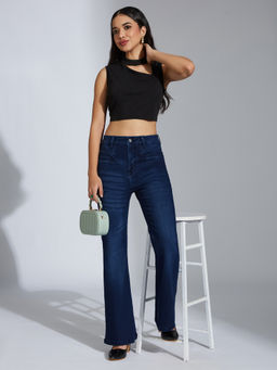 Miss Chase - Womens Navy Blue Bootcut High Rise Denim Jeans