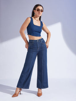 Miss Chase - Womens Navy Blue Wide Leg High Rise Denim Jeans